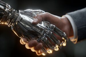 Man and robot shaking hands showing the relationship between business and AI in marketing