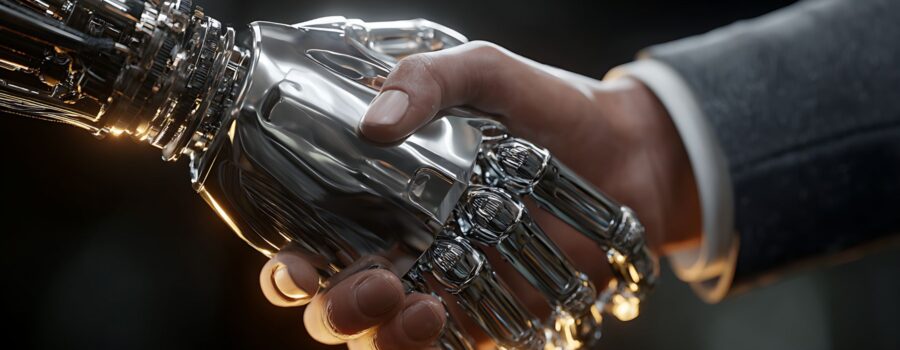 Man and robot shaking hands showing the relationship between business and AI in marketing