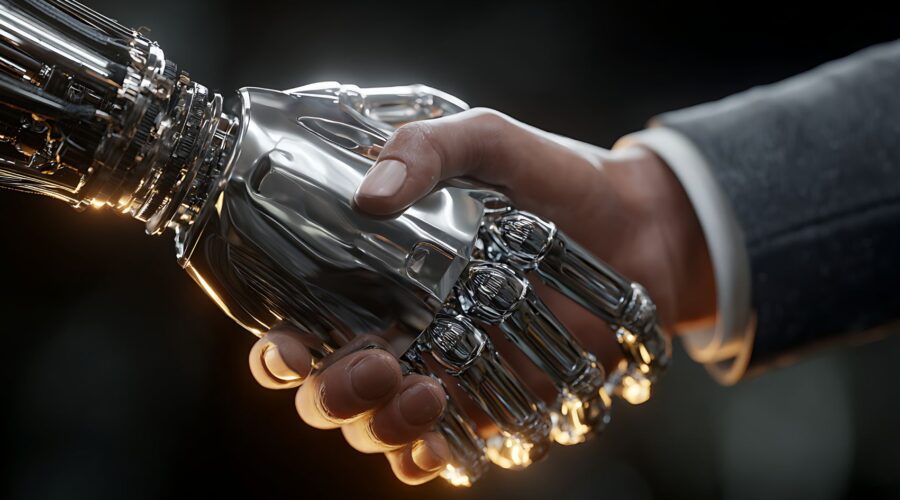 Man and robot shaking hands showing the relationship between business and AI in marketing