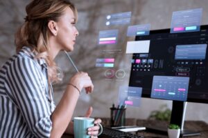 Woman performing online reputation management and responding to reviews