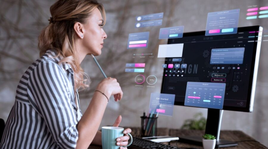 Woman performing online reputation management and responding to reviews